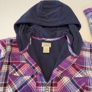 LL Bean Kid Purple Plaid Fleece Lined Hooded Flannel Shirt Jacket M 10-12 502123